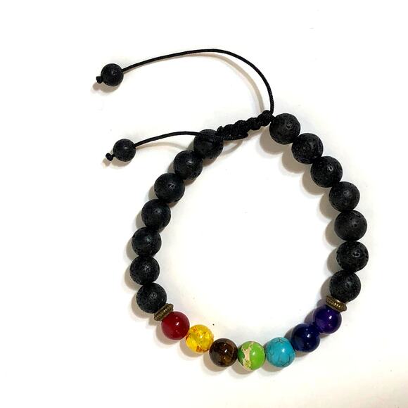 Chakra Bracelet Lava Stone Black Rainbow Adjustable Unisex Gemstone Healing - Picture 2 of 7